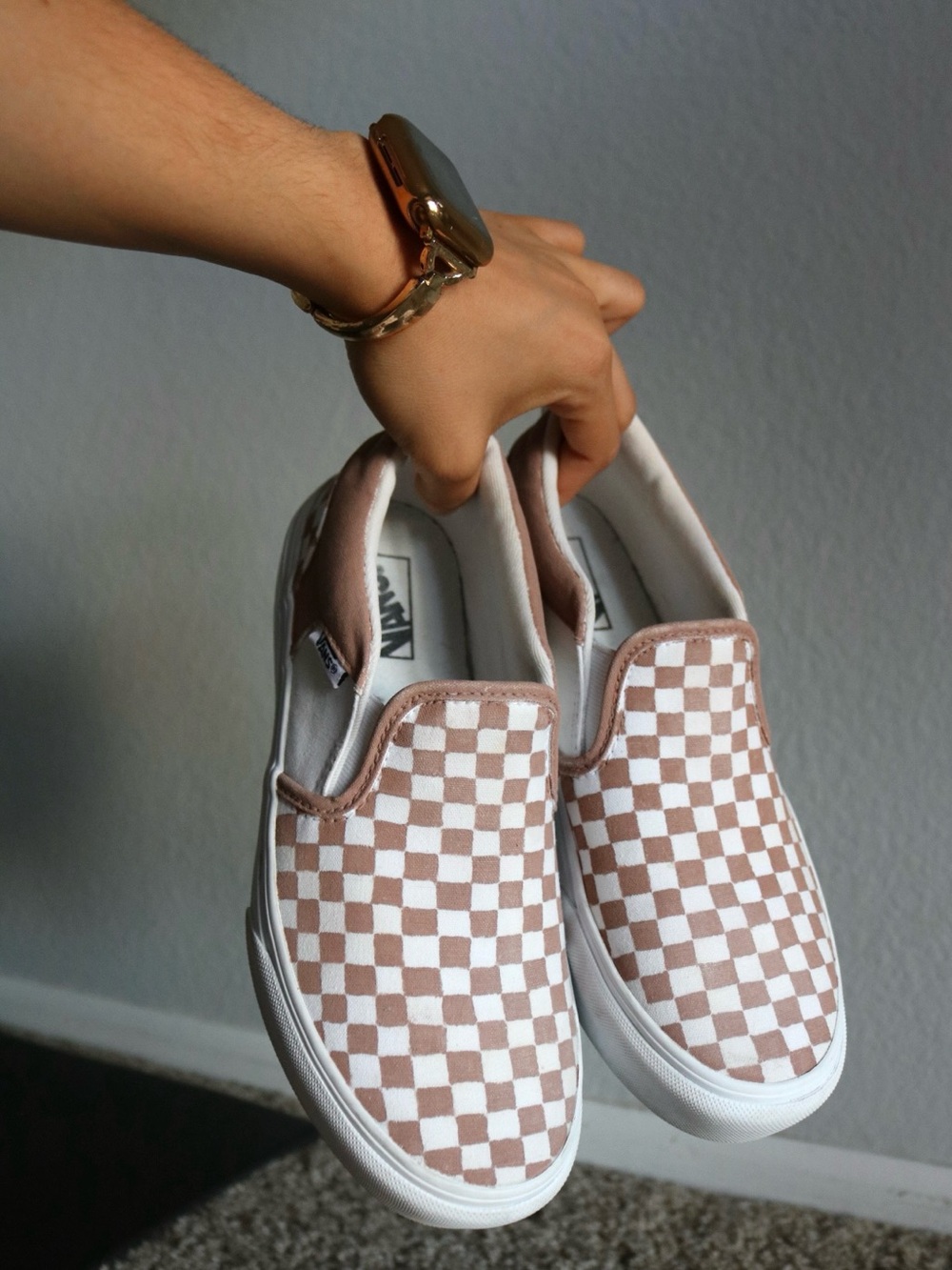 Vans Checkerboard Slip-On Platform Sneakers - Mauve & White Handpainted